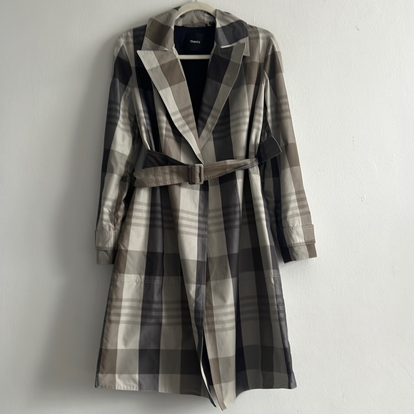 Theory Plaid Cotton & Silk Open Front Trench Coat size S - Picture 2 of 7